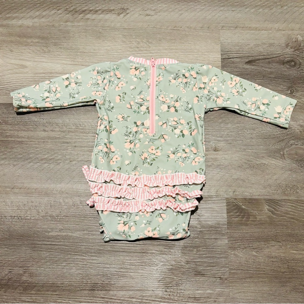 Ruffle Butts 6-12 months girl’s Green Floral Long-Sleeve One Piece Swimsuit